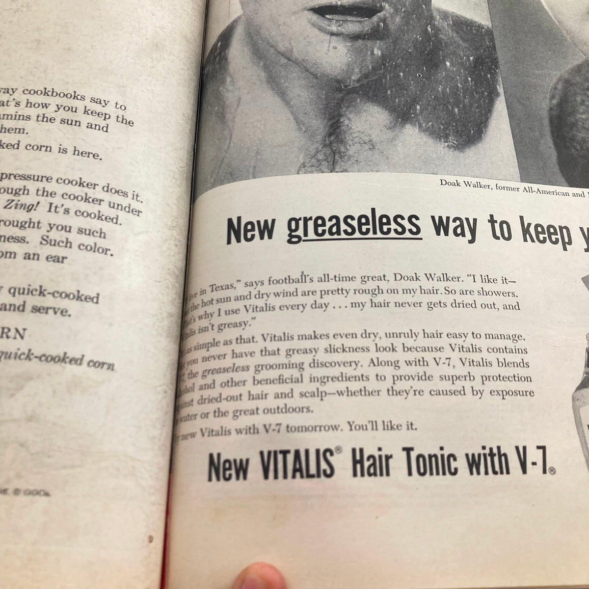 Inside page of the Vintage 1956 Bound LIFE Magazine showing an advertisement for Vitalis Hair Tonic with V-7, featuring testimonial from football player Doak Walker.