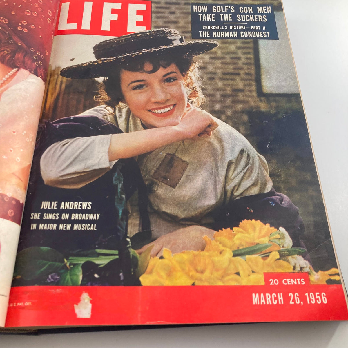 Life Magazine cover dated March 26, 1956, highlighting Julie Andrews with the headline 'Julie Andrews, She Sings on Broadway in Major New Musical'.