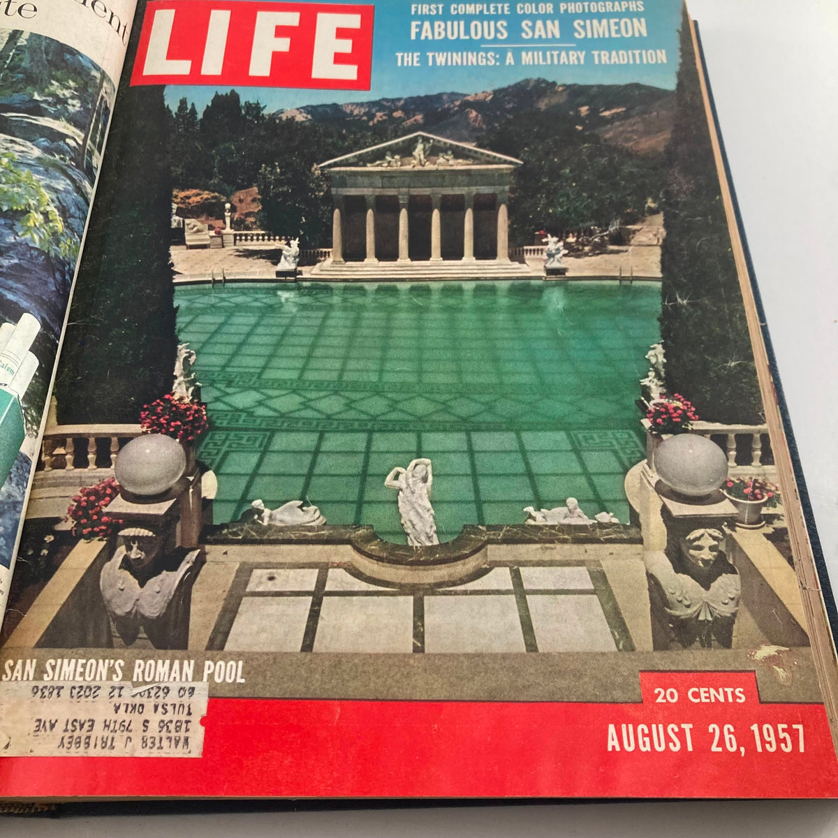 Cover of VTG 1957 Bound Life Magazine showcasing San Simeon's Roman pool, from the August 26, 1957 issue, emphasizing luxury architecture from the mid-20th century.