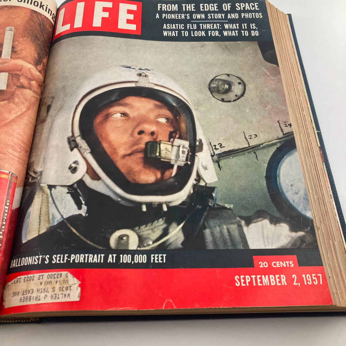 Cover of VTG 1957 Bound Life Magazine featuring a balloonist's self-portrait at 100,000 feet, from the September 2, 1957 issue, illustrating advancements in aeronautics.