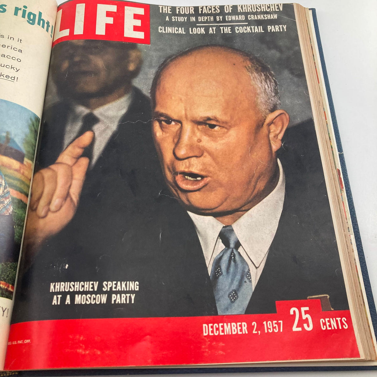 VTG 1957 Bound Life Magazine cover featuring Nikita Khrushchev, capturing him speaking at a Moscow party in the December 2 issue, focusing on political events of the time.