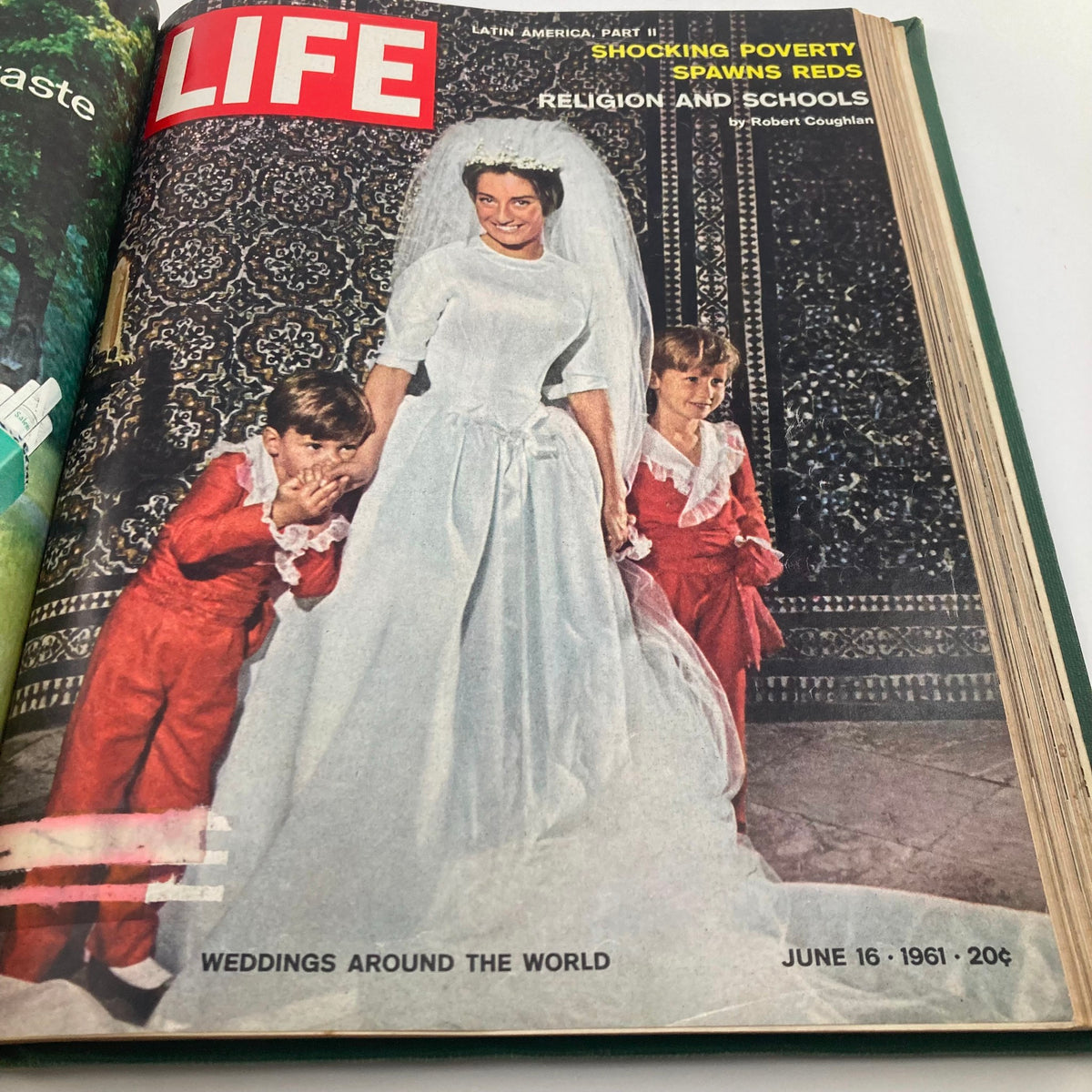 Cover of VTG 1961 Bound Life Magazine showcasing a wedding dress with children in traditional attire on June 16, 1961.