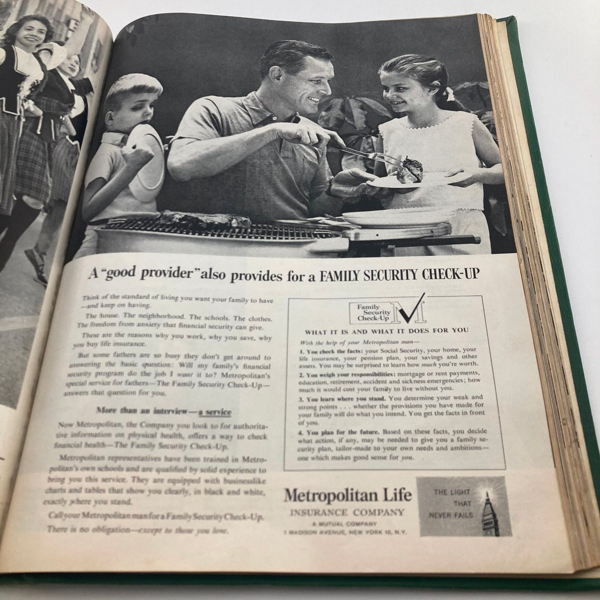 Interior page of VTG 1961 Bound Life Magazine May - June Weekly Issue featuring a family enjoying a meal. The advertisement discusses the importance of family security check-ups.