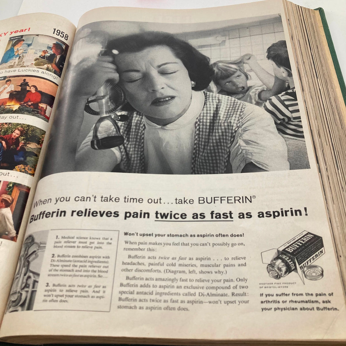 Vintage ad from the Vintage 1958 Bound Life Magazine showing a woman stressed on the phone, promoting Bufferin as pain relief.