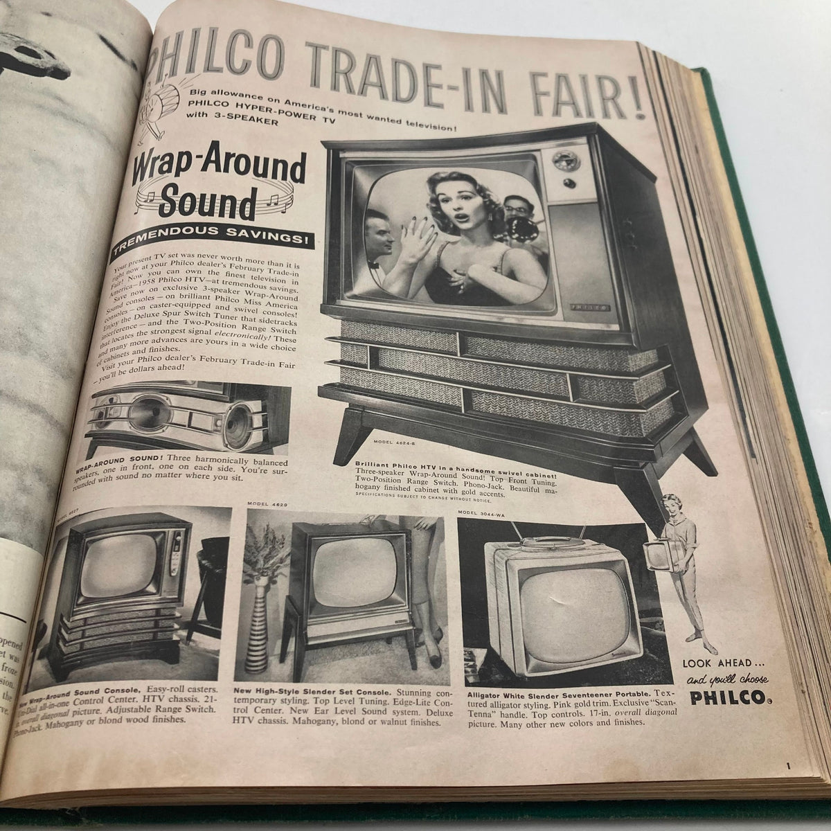 Vintage advertisement from the Vintage 1958 Bound Life Magazine highlighting Philco televisions during a trade-in fair.