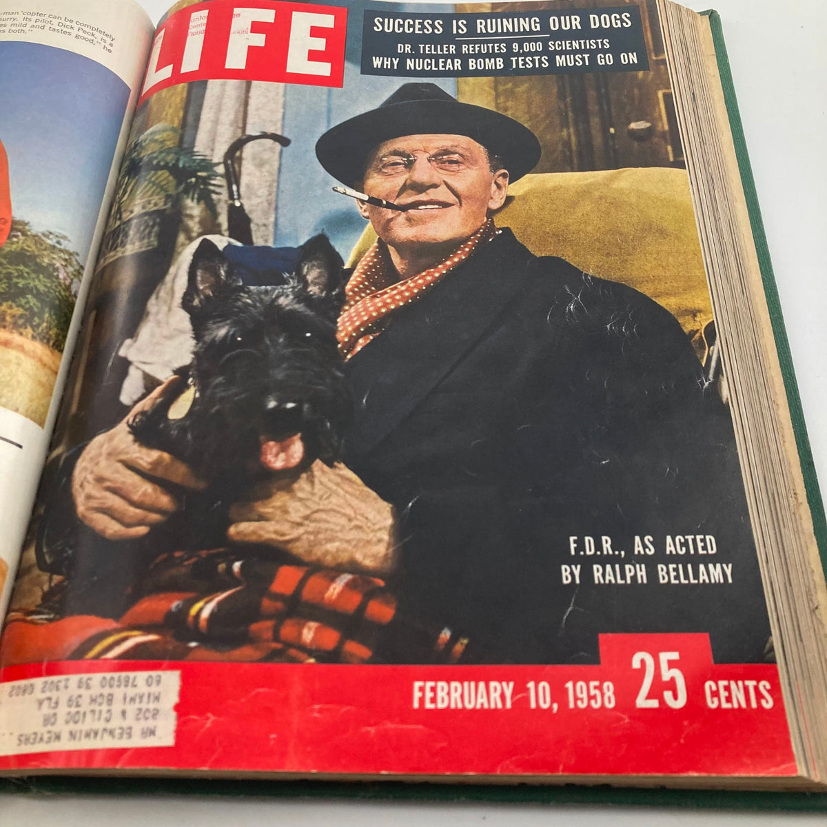 Cover of VTG 1958 Bound Life Magazine featuring the portrayal of Franklin D. Roosevelt as acted by Ralph Bellamy, February 10, 1958 issue.
