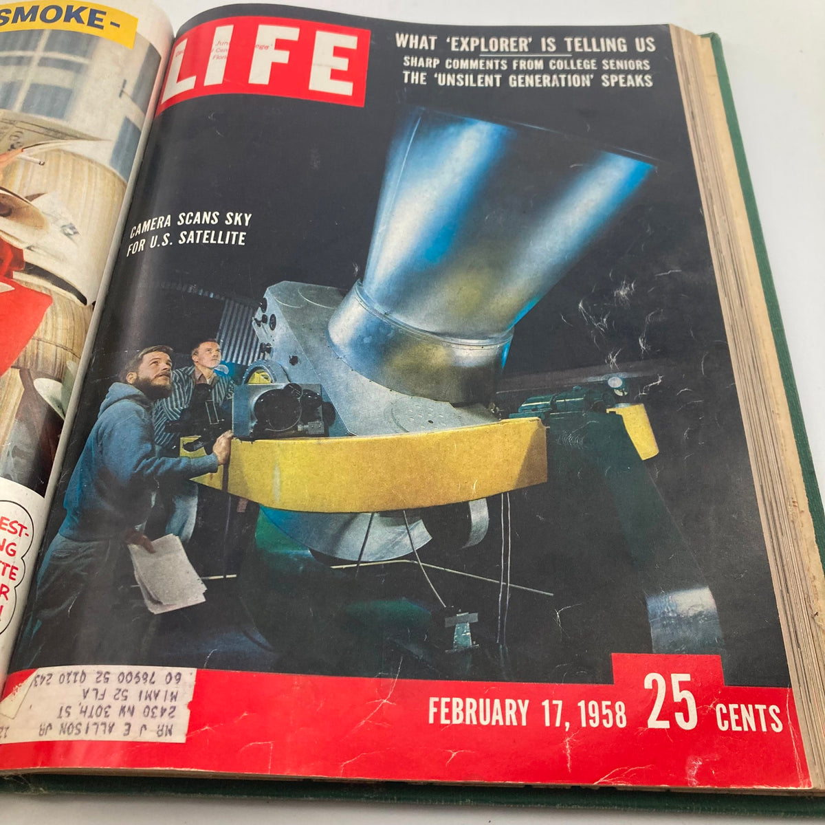 Cover of VTG 1958 Bound Life Magazine showing a camera scanning the sky for U.S. satellites, February 17, 1958 issue.