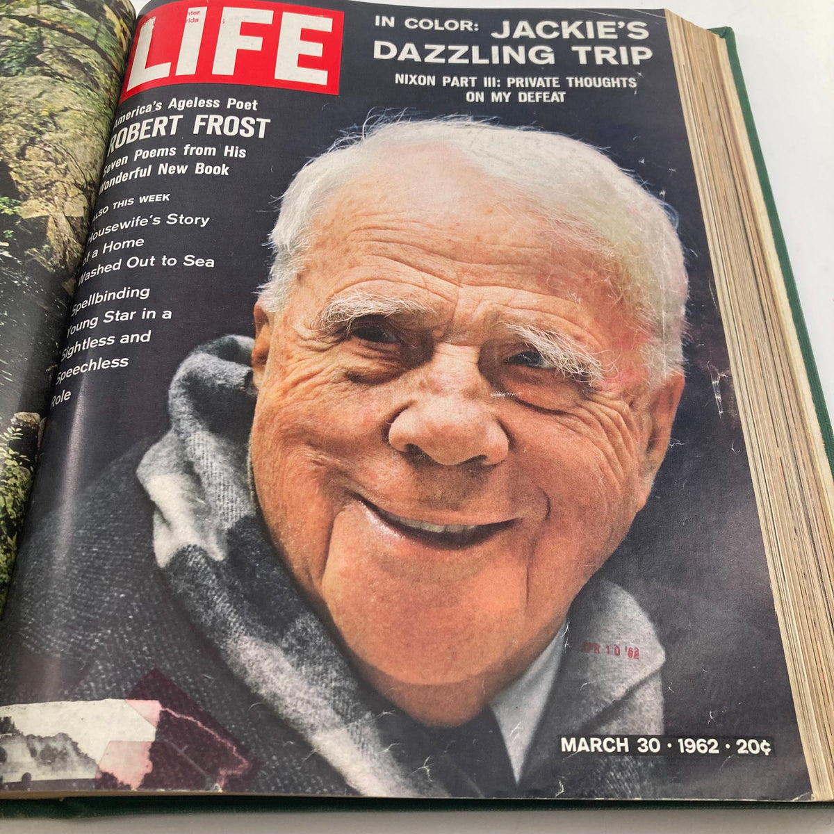Cover image of Vintage 1962 Life Magazine March 30 featuring Robert Frost, America's ageless poet, highlighted in a feature on his poetry collection.