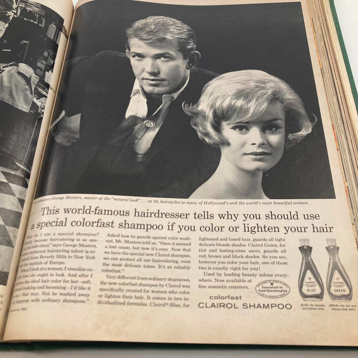 Vintage advertisement in the 1962 Life Magazine featuring hairdresser George Masters discussing the use of special colorfast shampoo for dyed hair.