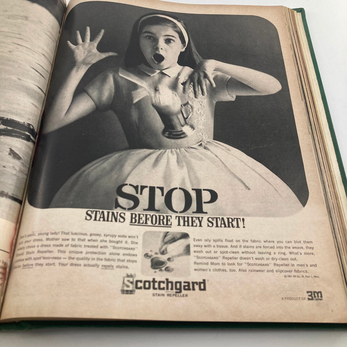 Vintage advertisement from the 1962 Life Magazine showcasing a young girl in a dress, promoting Scotchgard stain repeller for effective fabric protection.