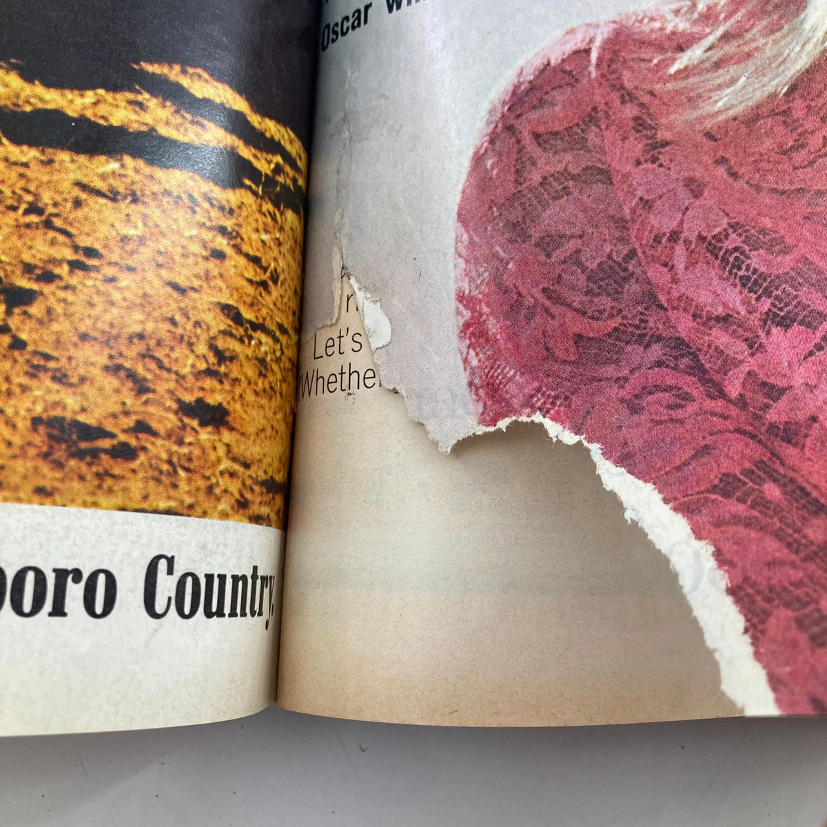 Close-up of a vintage 1966 LIFE Magazine bound issue showing a torn page, highlighting its age and historical significance.