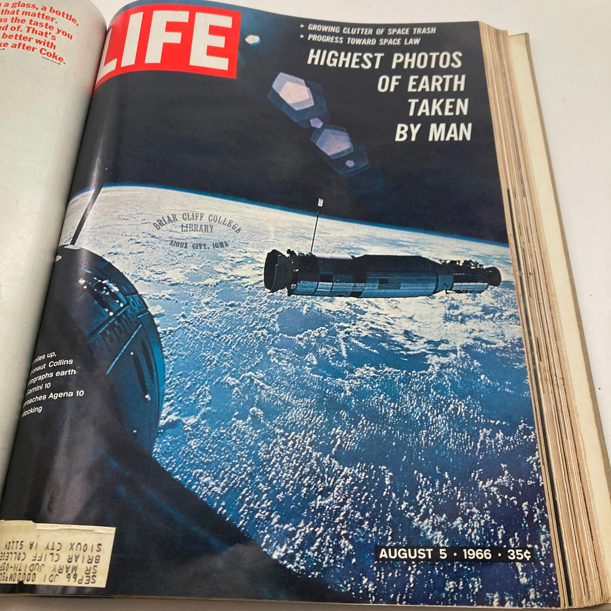 VTG 1966 Bound Life Magazine July - August Complete Weekly Issue showcasing the highest photos of Earth taken by man, featuring the Gemini spacecraft, dated August 5, 1966.