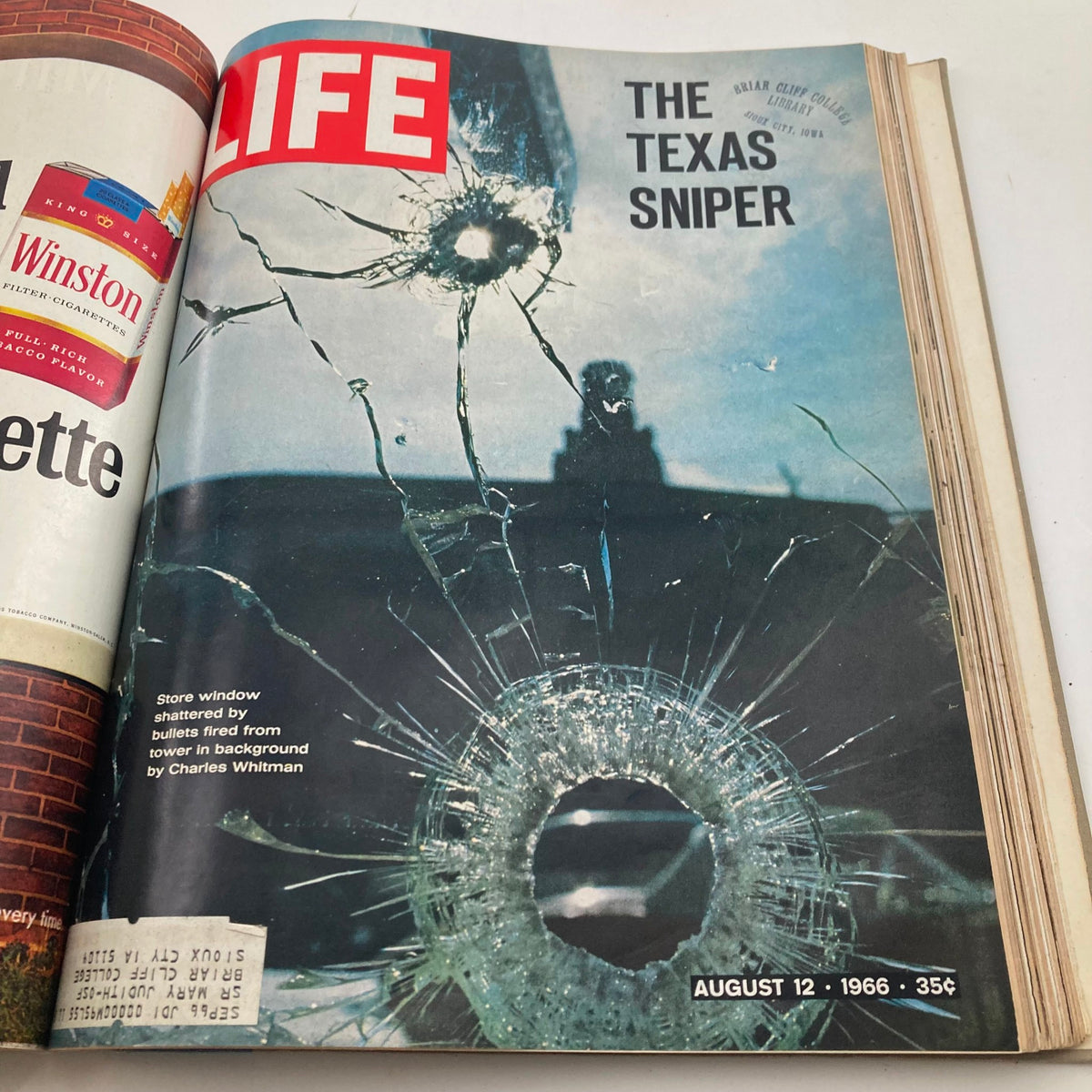 VTG 1966 Bound Life Magazine July - August Complete Weekly Issue covering 'The Texas Sniper' with an image of a shattered store window from gunfire, dated August 12, 1966.