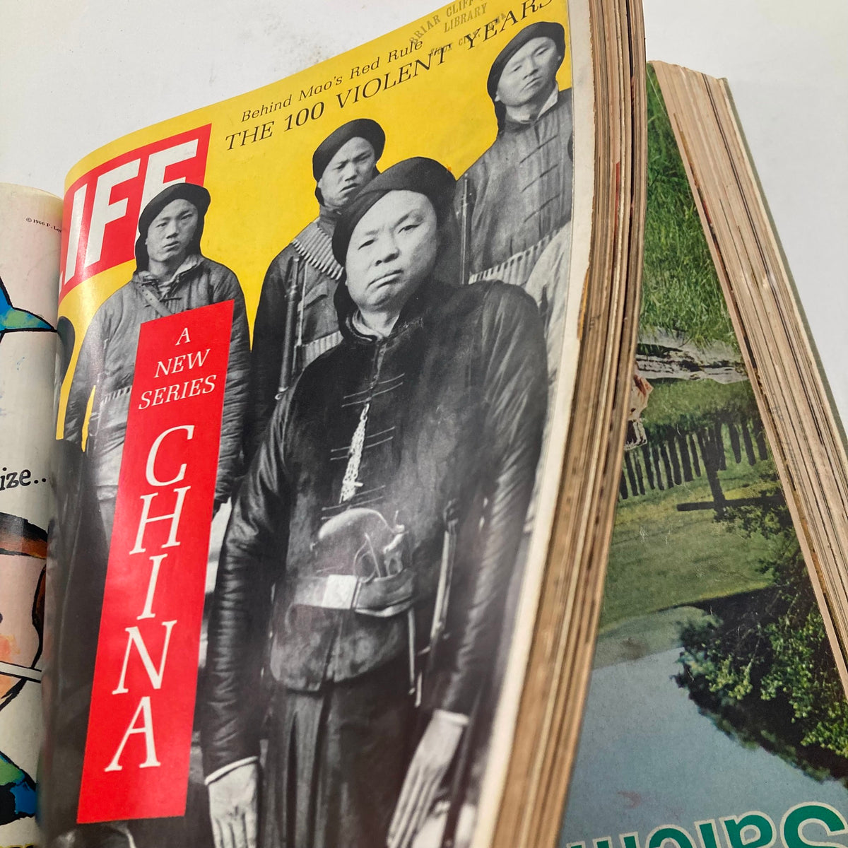 Inside page of VTG 1966 Bound Life Magazine showcasing an article on the '100 Violent Years' in China with historical images.