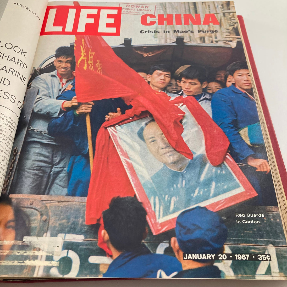 Cover of VTG 1967 Bound Life Magazine showing Red Guards in Canton with a portrait of Mao, titled 'China', January 20, 1967.