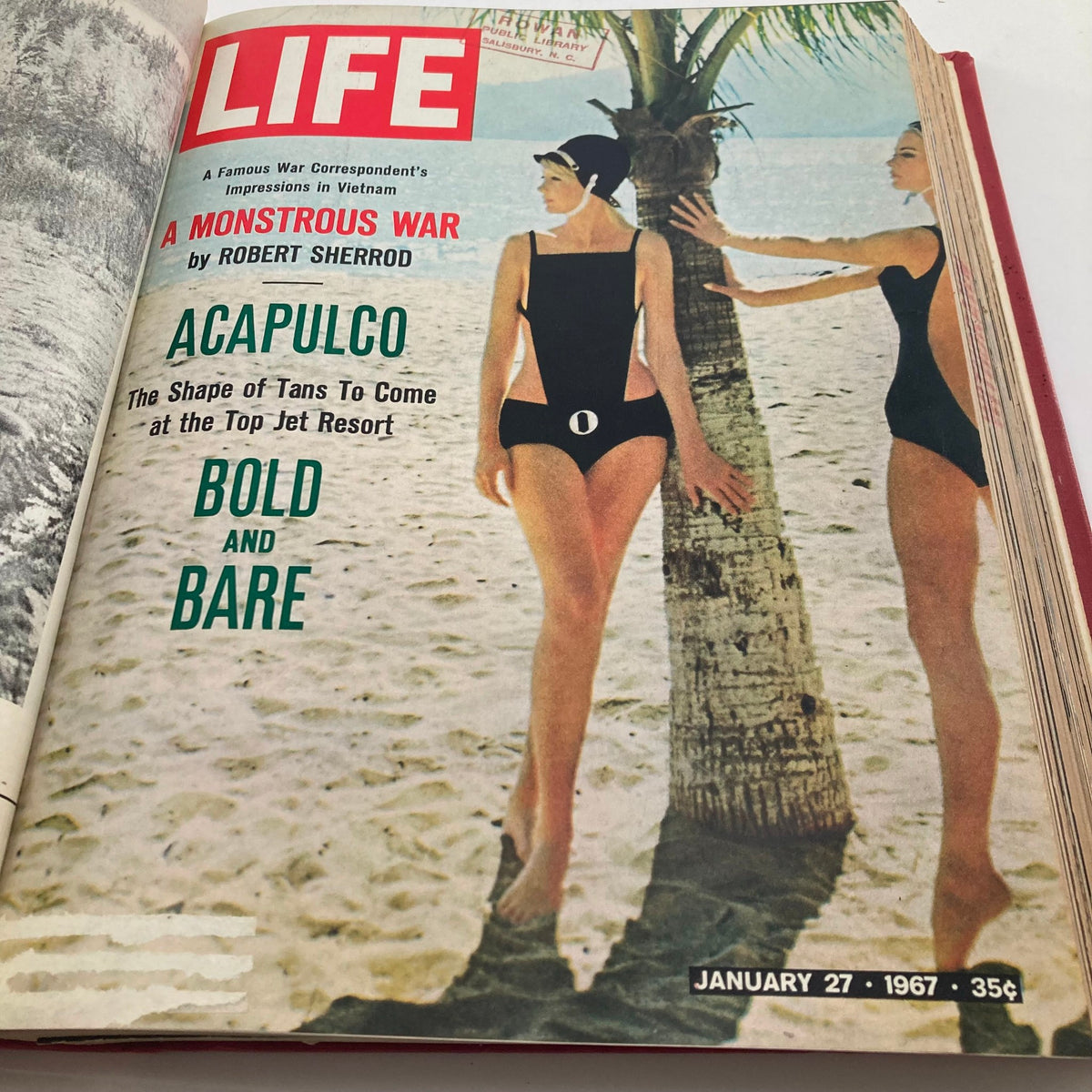 Cover of VTG 1967 Bound Life Magazine featuring two women in swimsuits on a beach in Acapulco, titled 'A Monstrous War', January 27, 1967.