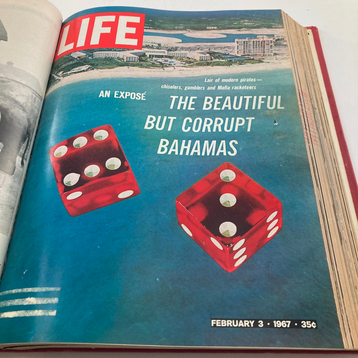 Cover of VTG 1967 Bound Life Magazine highlighting red dice on a blue background, titled 'The Beautiful but Corrupt Bahamas', February 3, 1967.