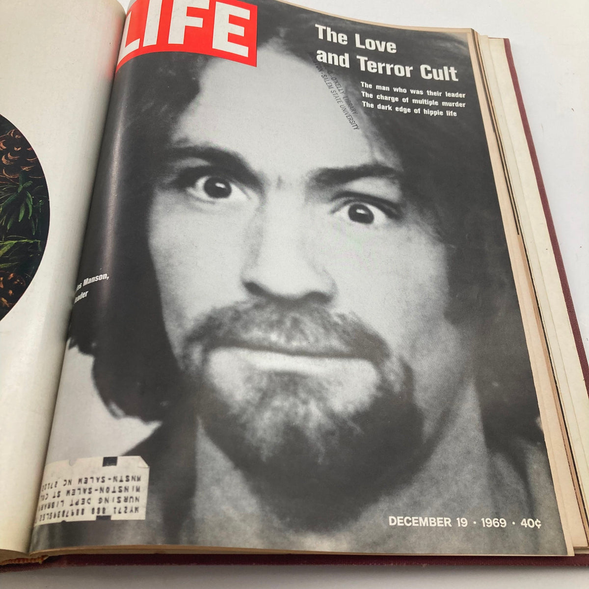 VTG 1969 Bound Life Magazine - Inside page featuring the December 19 issue with Charles Manson's image and headline about the Love and Terror Cult.
