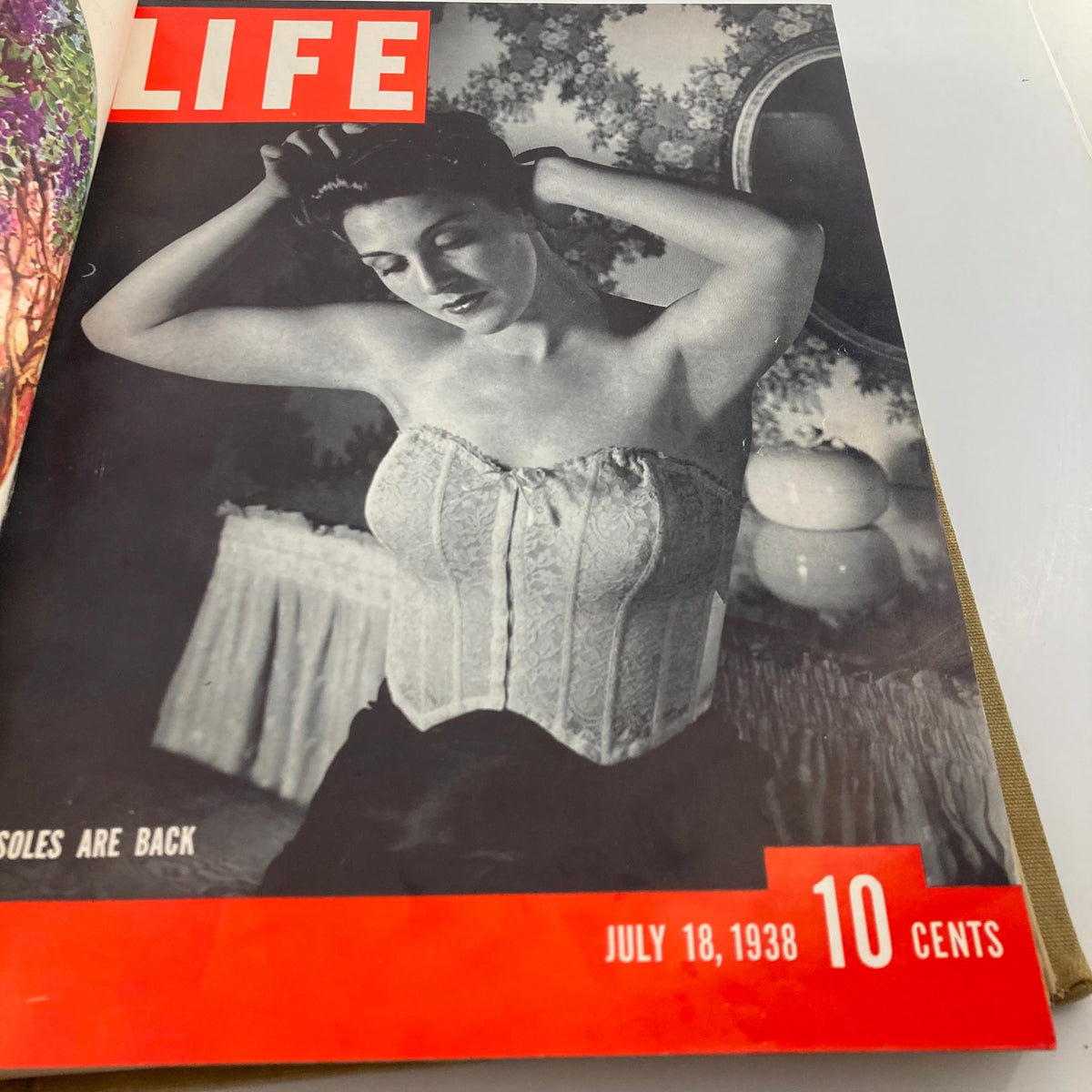 Cover of the VTG 1938 Bound Life Magazine featuring a fashion photo from July 18, 1938, highlighting corsets.