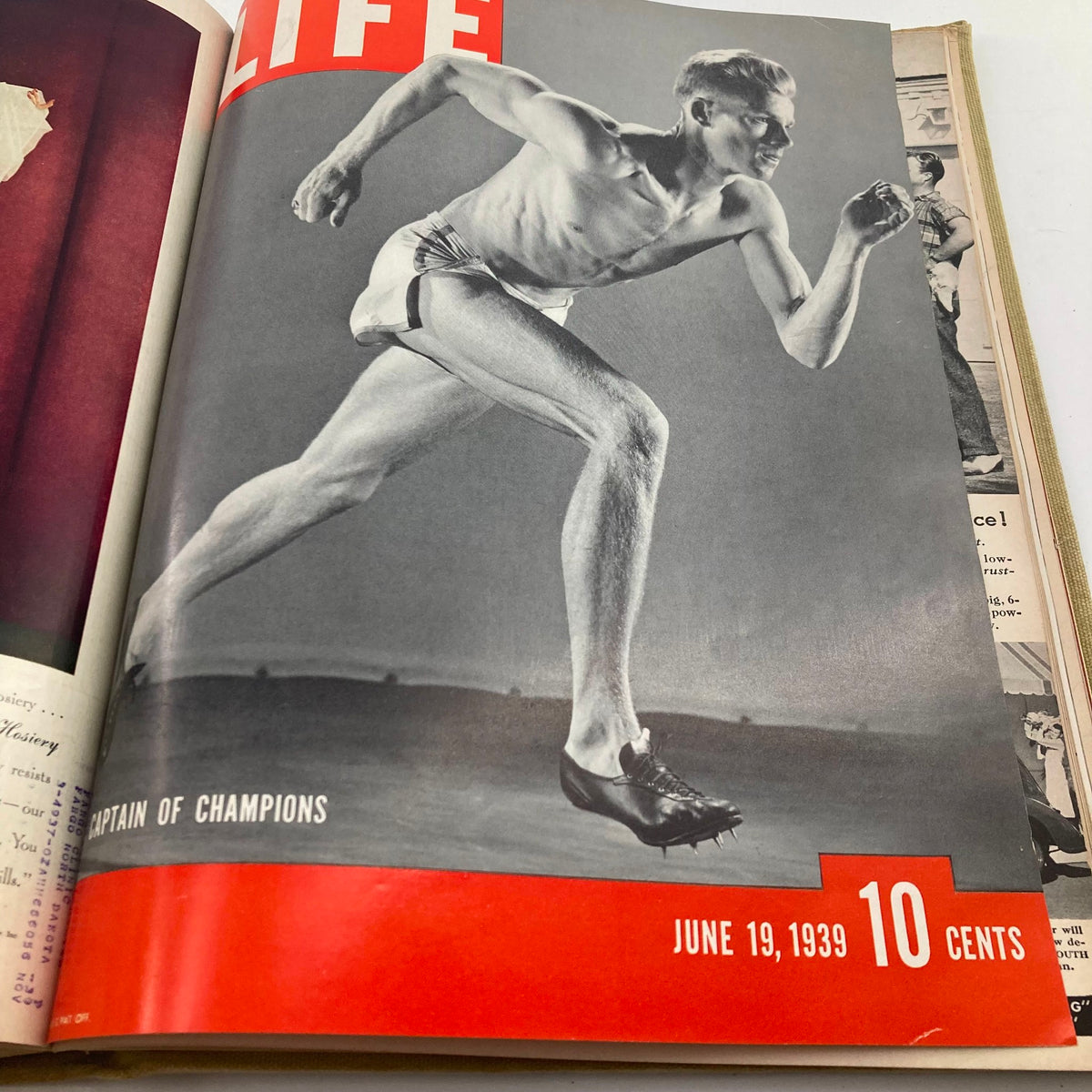 Cover of VTG 1939 Bound Life Magazine showcasing a runner labeled as 'Captain of Champions' from June 19, 1939.