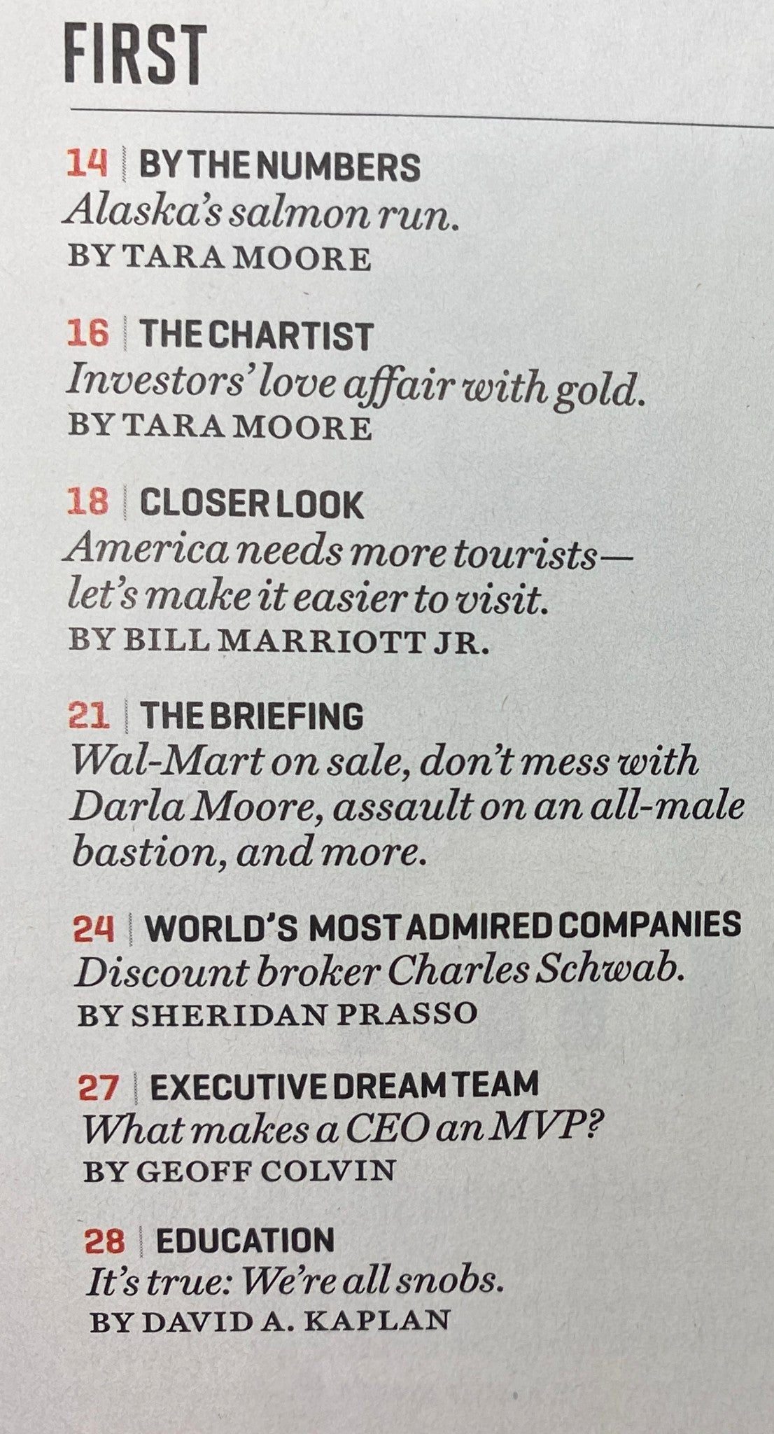 Inside page of Fortune Magazine from June 13, 2011, showcasing contents with topics including Alaska's salmon run, investors' love for gold, and executive dream teams.