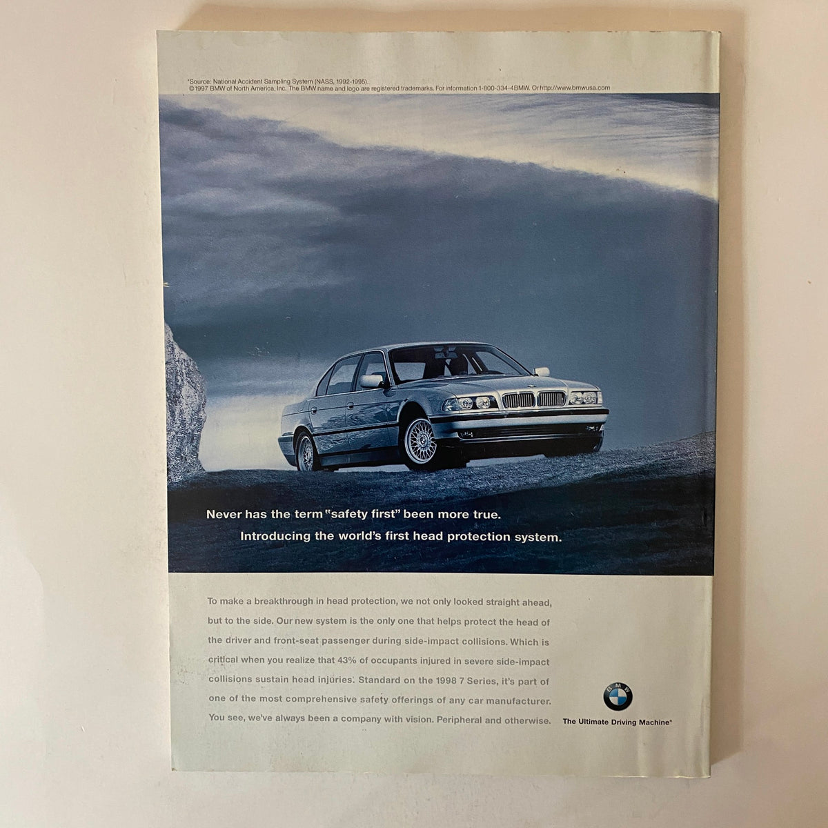 Fortune Magazine August 18, 1997 issue showcasing a vintage car advertisement featuring BMW's safety innovations, promoting the world's first head protection system in vehicles.