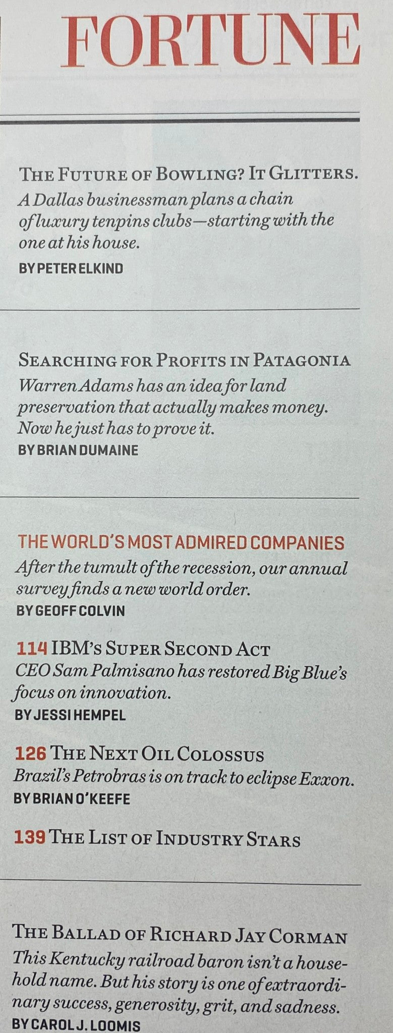 Interior page of Fortune Magazine March 21, 2011 listing featured articles such as 'The Future of Bowling?' and 'Searching for Profits in Patagonia', showcasing insights into business trends.