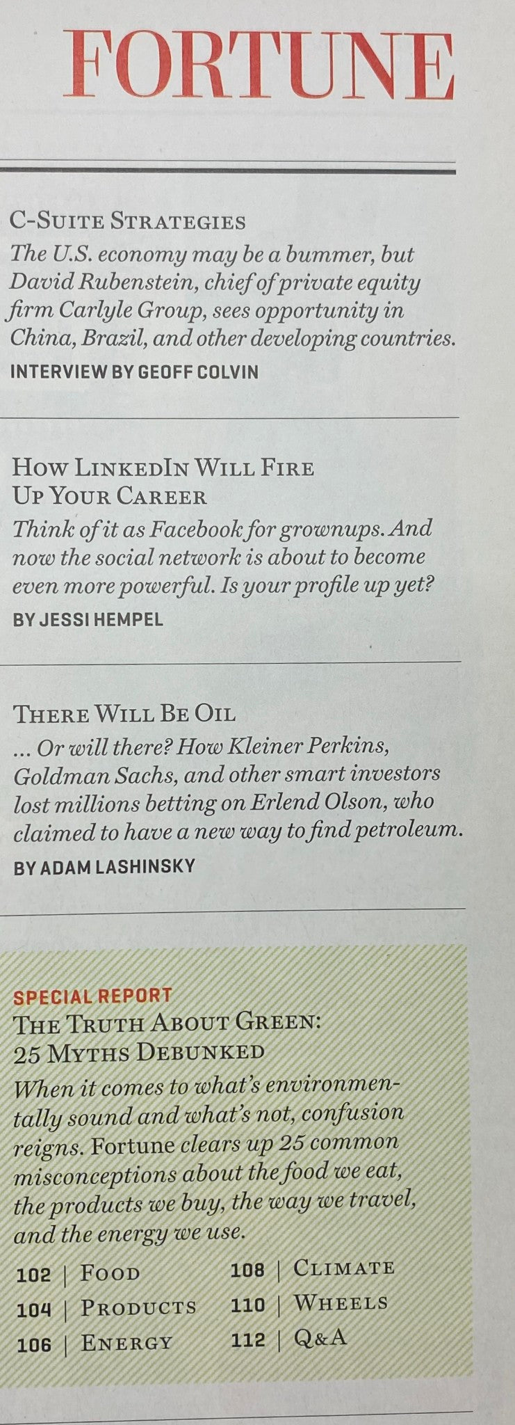 Interior page from Fortune Magazine April 12, 2010, features an article titled 'C-Suite Strategies' discussing economic opportunities, including an interview with David Rubenstein, focusing on job searching on LinkedIn.