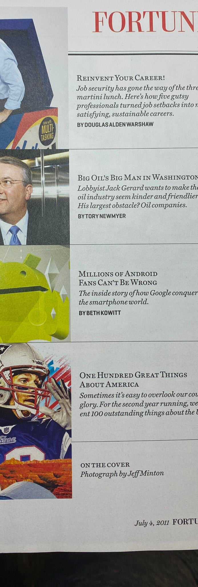 Interior page from Fortune Magazine July 4, 2011 showcasing articles about Big Oil's lobbyist Jack Gerard and career reinvention highlights.
