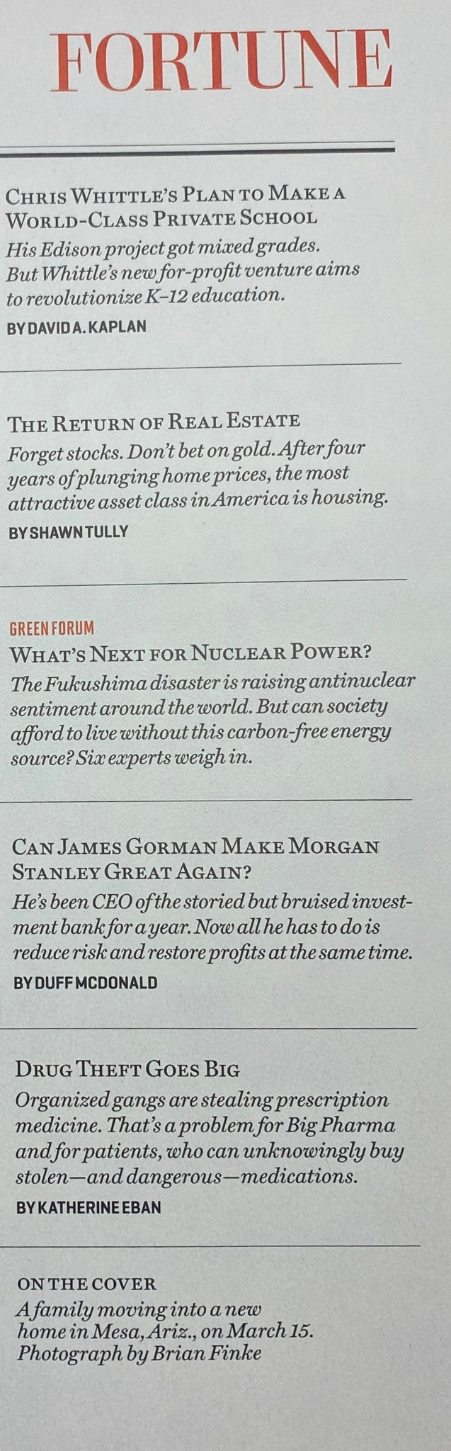 Inside page of Fortune Magazine, April 11, 2011, highlighting articles including 'Chris Whittle's Plan to Make a World-Class Private School' and 'What’s Next for Nuclear Power?'