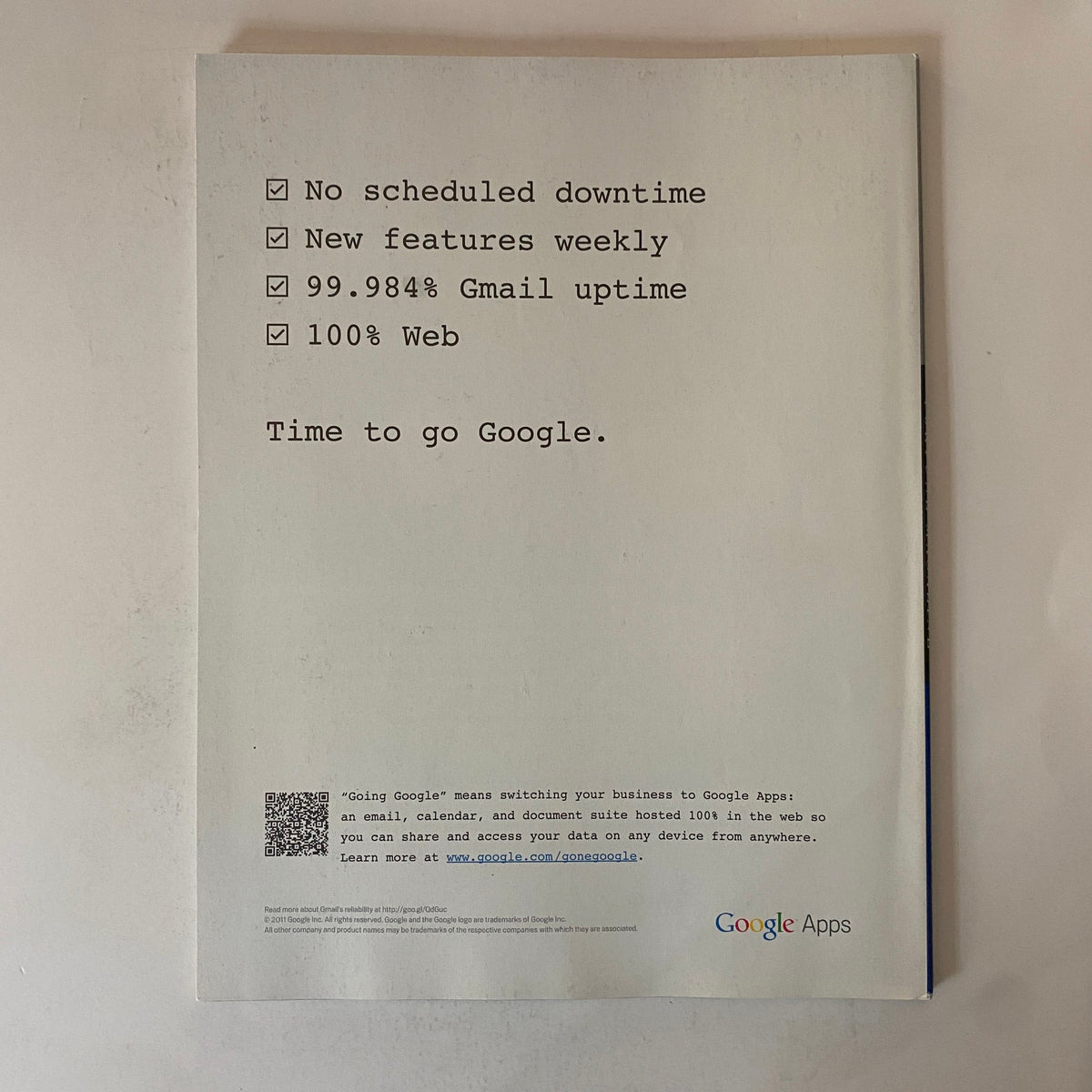 Back cover of Fortune Magazine, April 11, 2011, promoting Google Apps with features like no scheduled downtime and high uptime.