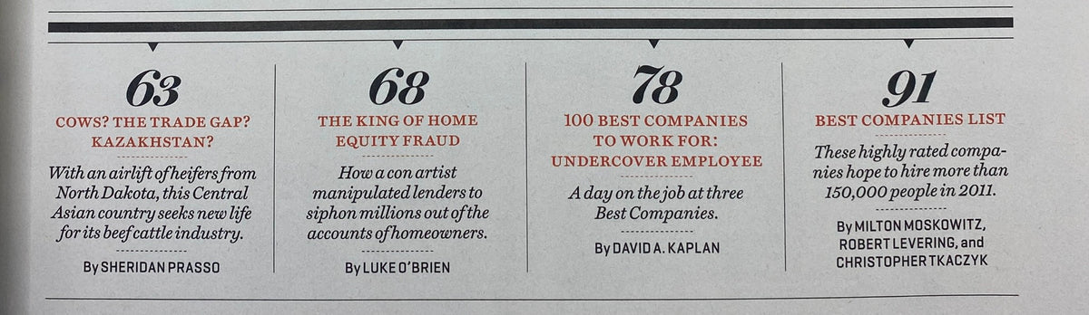 Interior page from Fortune Magazine February 7, 2011, showcasing articles with titles including 'Cows? The Trade Gap? Kazakhstan?' and 'The King of Home Equity Fraud'.