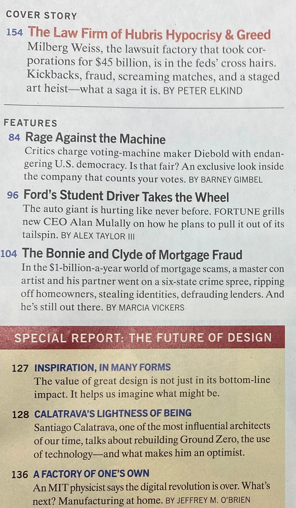 Interior page of Fortune Magazine November 13, 2006, highlighting 'The Law Firm of Hubris Hypocrisy & Greed' and other notable features including articles on democracy, voting machines, and mortgage fraud.