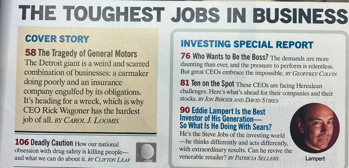 Inside page of Fortune Magazine February 20, 2006 displaying the contents with a focus on the cover story 'The Tragedy of General Motors' and other articles like 'Who Wants to Be the Boss?'