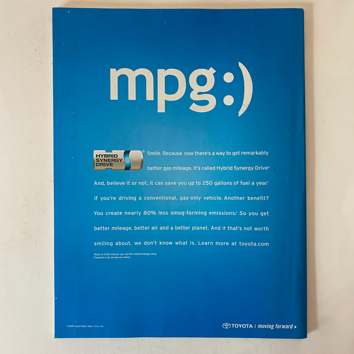 Back cover of Fortune Magazine February 20, 2006 showing an advertisement for Toyota's mpg Hybrid Synergy Drive, promoting fuel efficiency.