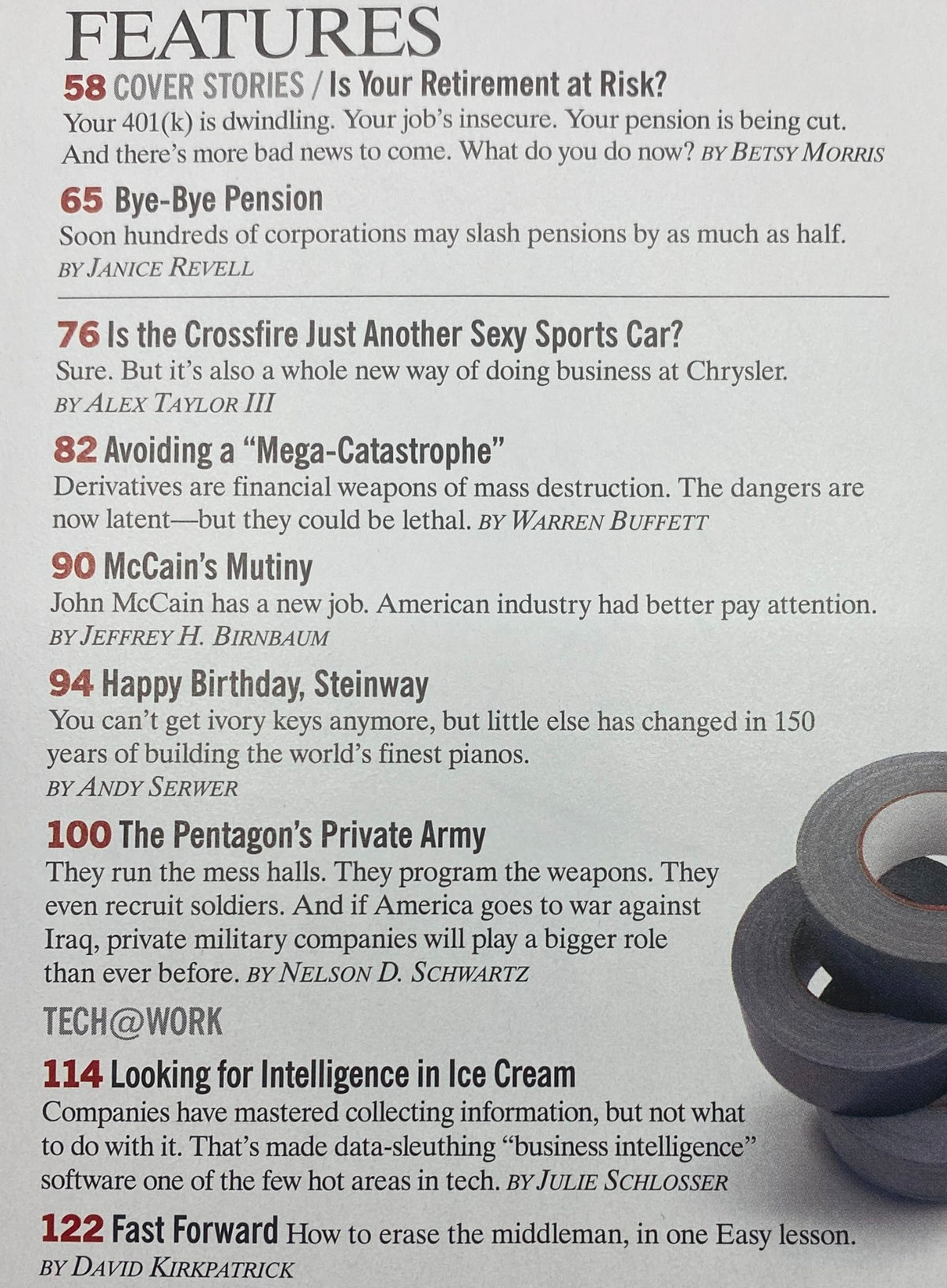 Content page from Fortune Magazine March 17, 2003, displaying article titles including 'Is Your Retirement at Risk?' and 'Bye-Bye Pension,' reflecting economic challenges in retirement planning.