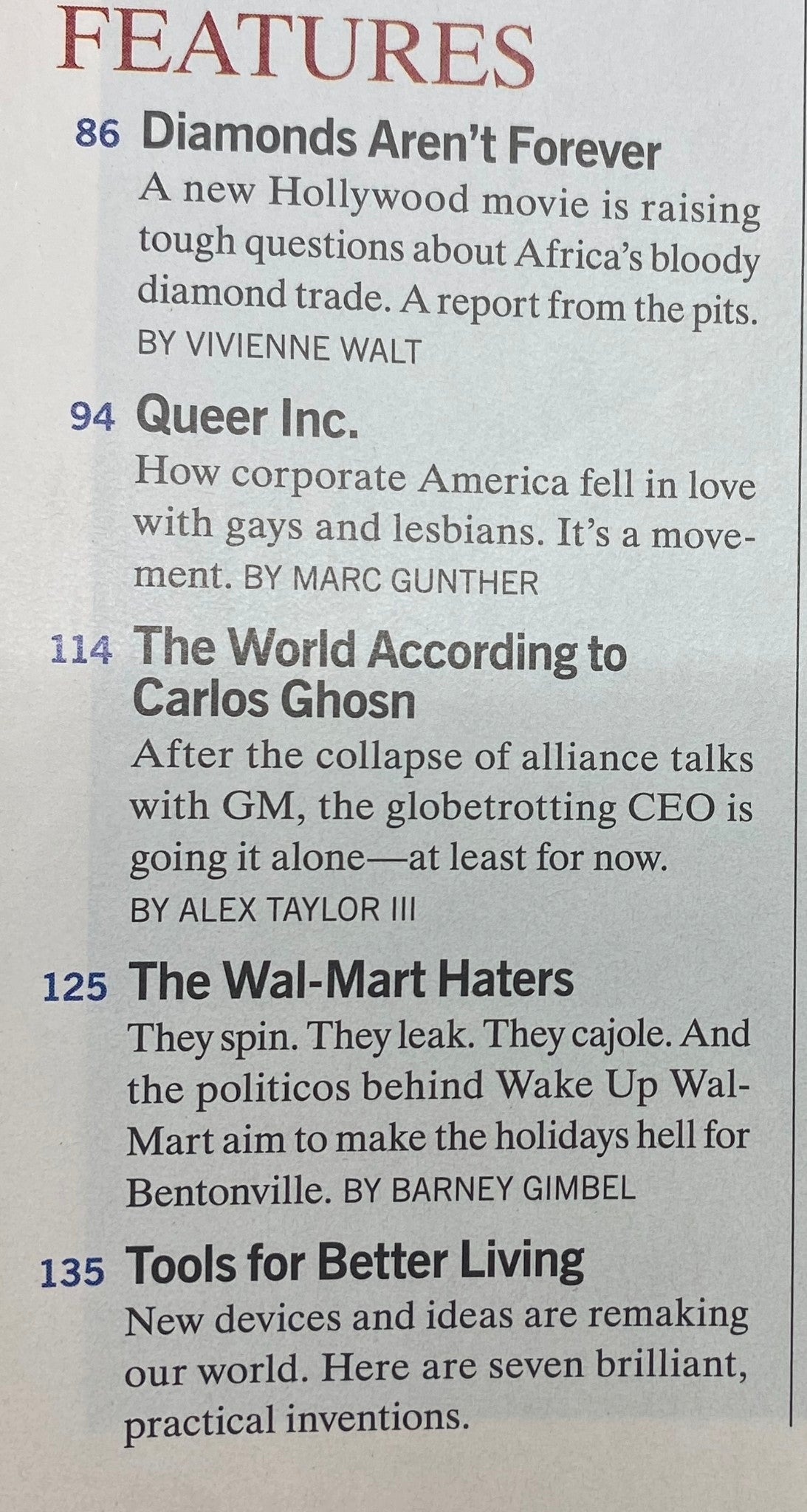 Featured articles from Fortune Magazine December 11, 2006, including 'Diamonds Aren’t Forever' and 'Queer Inc.' showcasing significant business topics and trends.