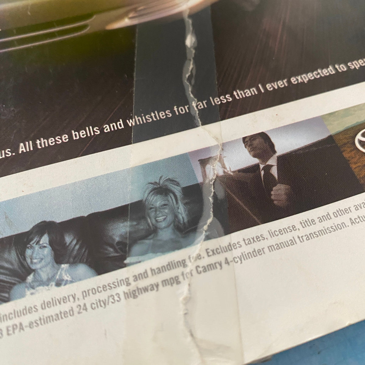 Close-up of the Toyota Camry advertisement in Fortune Magazine November 10, 2003, highlighting various features and offers.