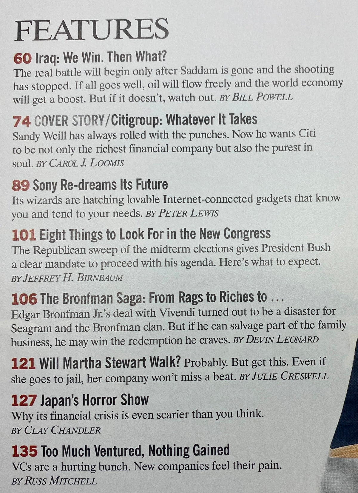 Table of contents from Fortune Magazine November 25, 2002, listing key articles including 'Iraq: We Win, Then What?' and features on Sandy Weill and technology's impact.