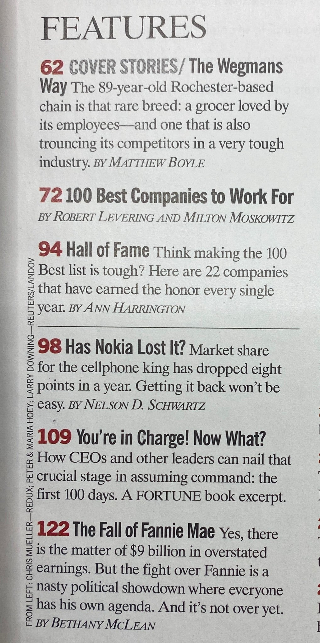 Fortune Magazine January 24, 2005 features article about Wegmans supermarket, including sections like 'Cover Stories' and '100 Best Companies to Work For' with insights from authors Matthew Boyle and Ann Harrington.