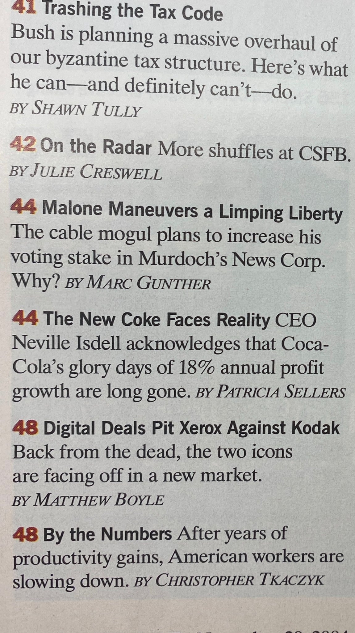 Interior page of Fortune Magazine, issue dated November 29, 2004, highlighting articles on tax code reform, stock market insights, and business strategies.