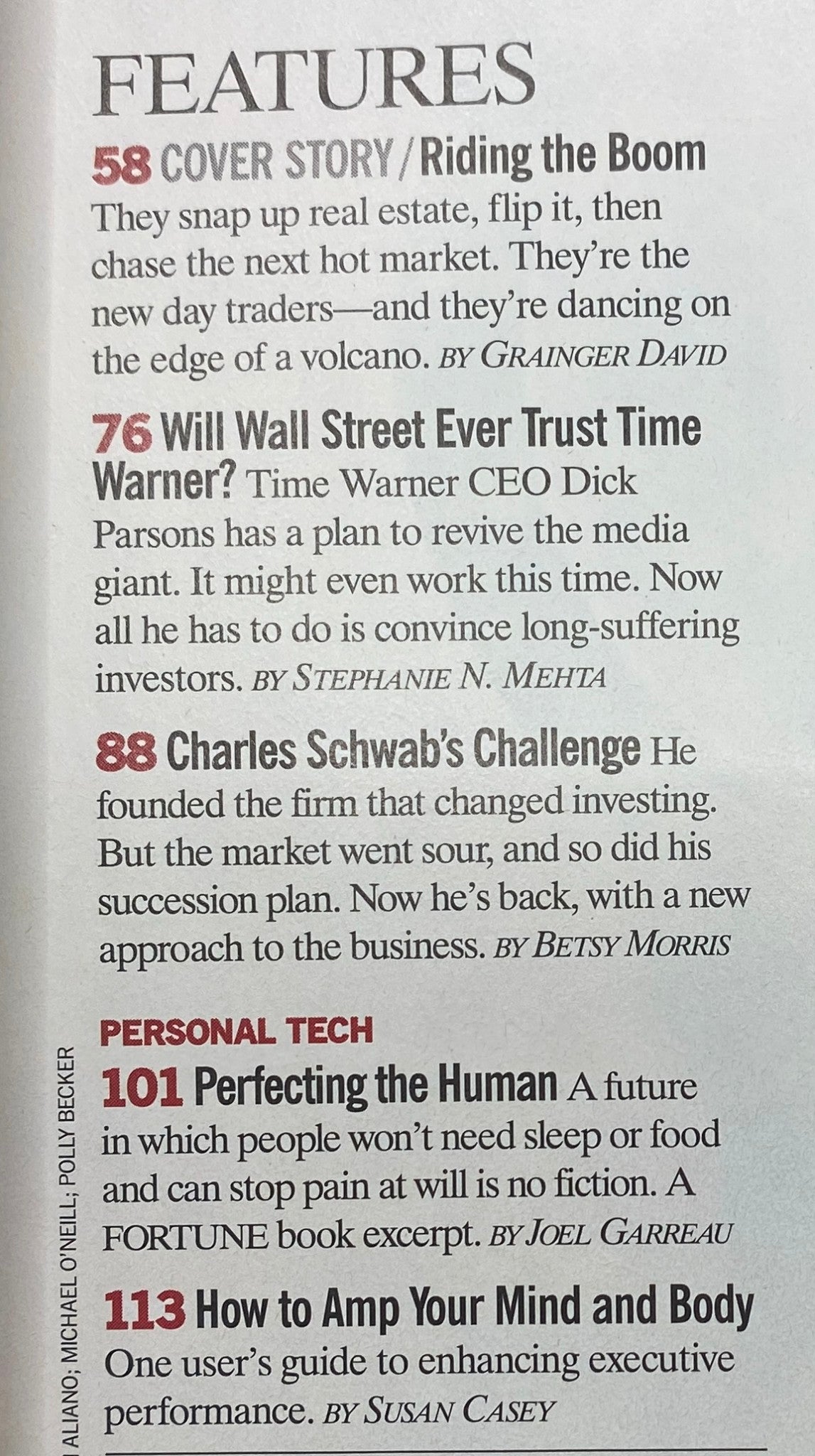 Contents page from Fortune Magazine May 30, 2005, listing features including 'Cover Story: Riding the Boom' and 'Will Wall Street Ever Trust Time Warner?'