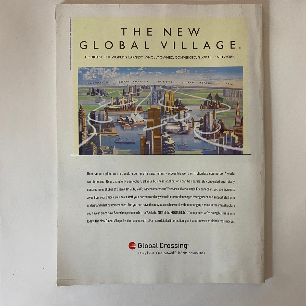 Back cover of Fortune Magazine May 30, 2005, displaying an advertisement for Global Crossing with a map illustrating the concept of a global IP network.