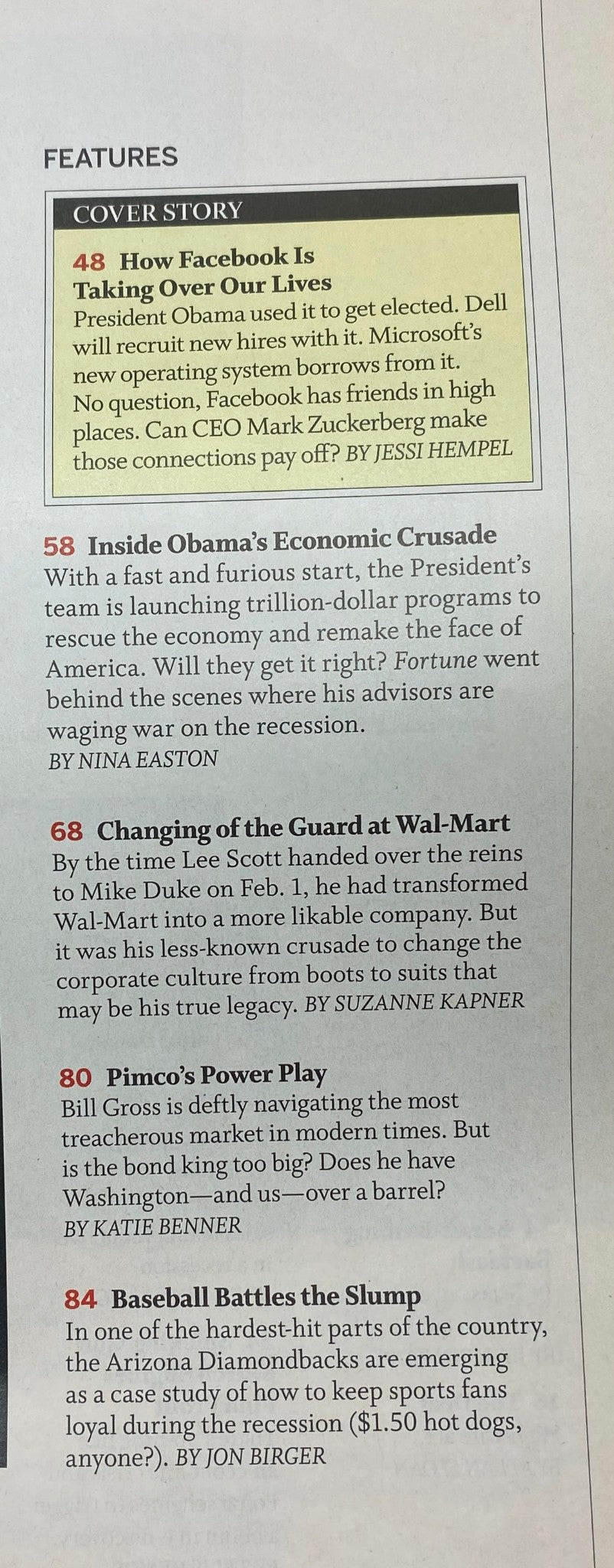 Interior page of Fortune Magazine March 2, 2009 detailing the cover story 'How Facebook Is Taking Over Our Lives' and additional features about Obama's Economic Crusade and Wal-Mart leadership changes.