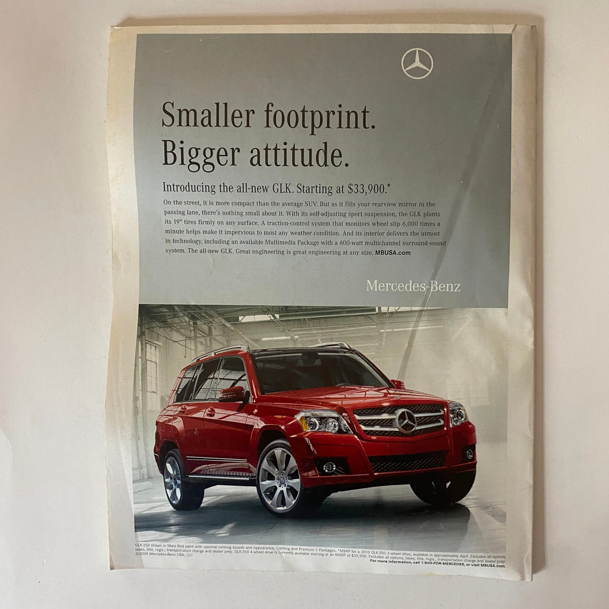 Advertisement page from Fortune Magazine March 2, 2009 showcasing the Mercedes-Benz GLK, introducing its features and starting price of $33,900.