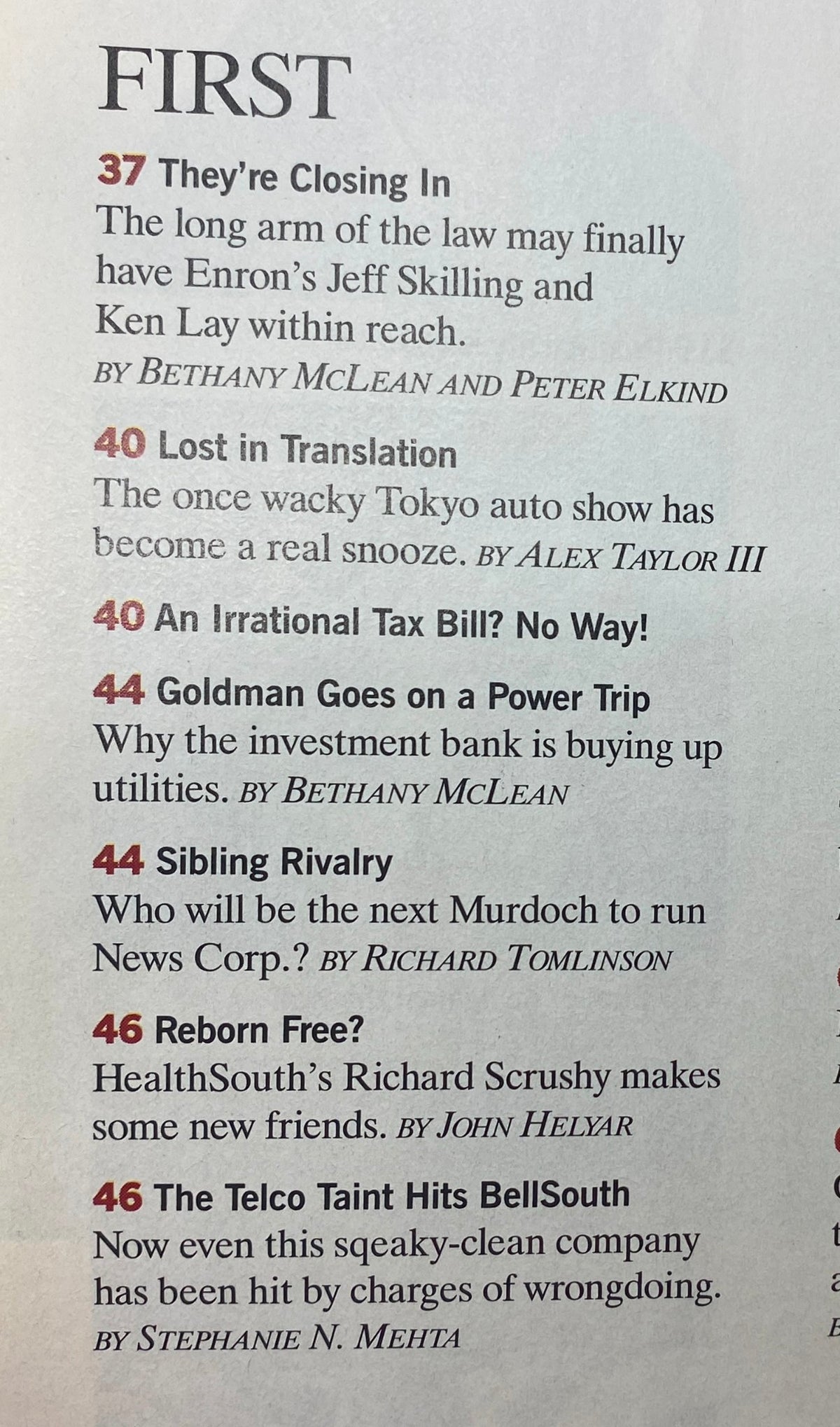 Table of contents page from Fortune Magazine, November 24, 2003, listing key articles including 'Goldman Goes on a Power Trip' by Bethany McLean.