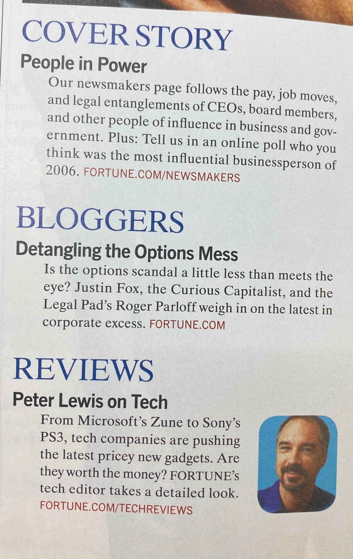 Fortune Magazine November 27, 2006 article section titled 'People in Power,' discussing notable CEOs and policymakers, featuring insights from various bloggers.