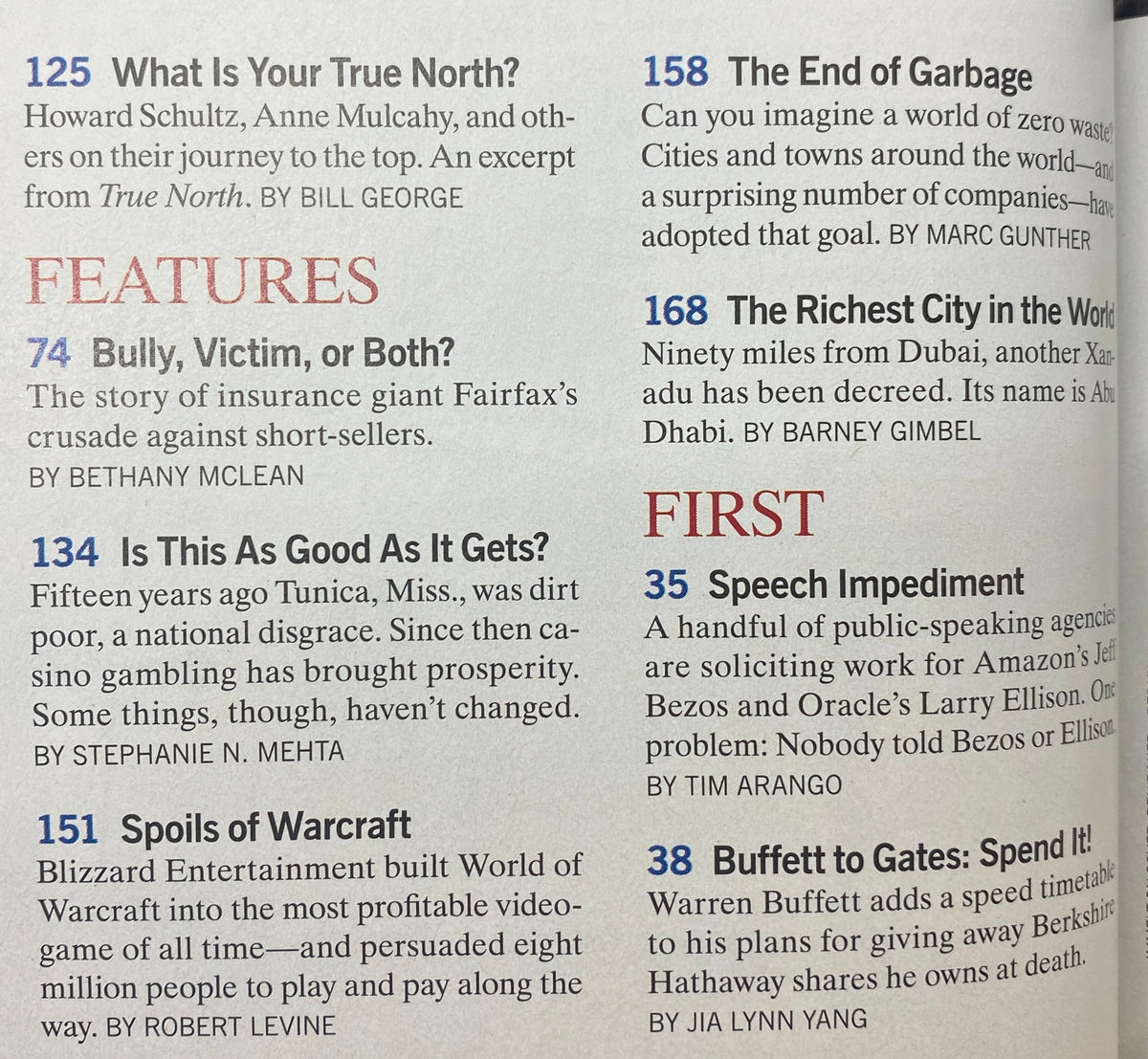 Inside page of Fortune Magazine March 19, 2007 highlighting articles including 'What Is Your True North?' and 'Bully, Victim, or Both?' with detailed insights into business leadership.