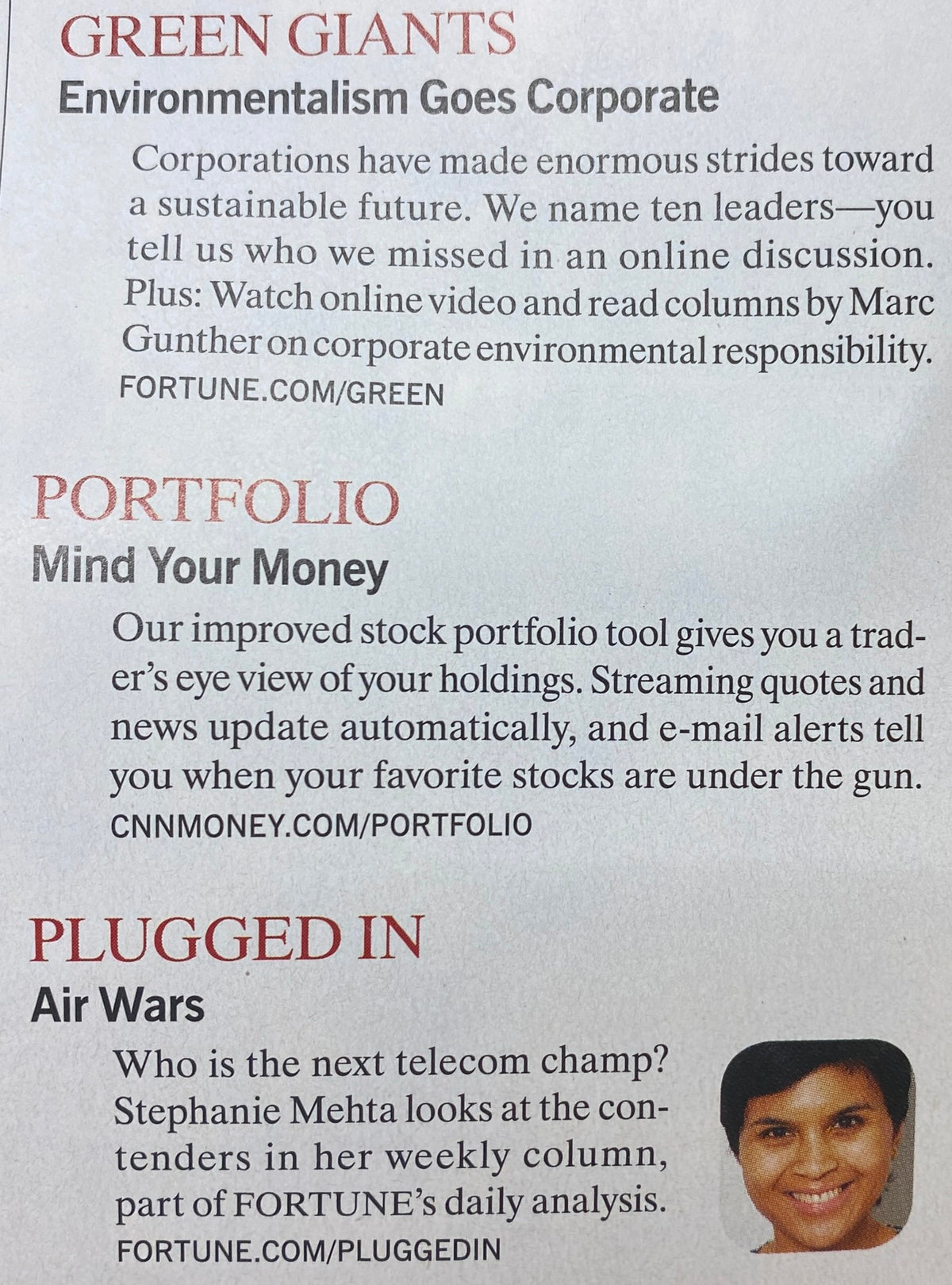 Inside page of Fortune Magazine April 2, 2007 highlighting corporate sustainability efforts, featuring an article on environmentalism titled 'Environmentalism Goes Corporate'.