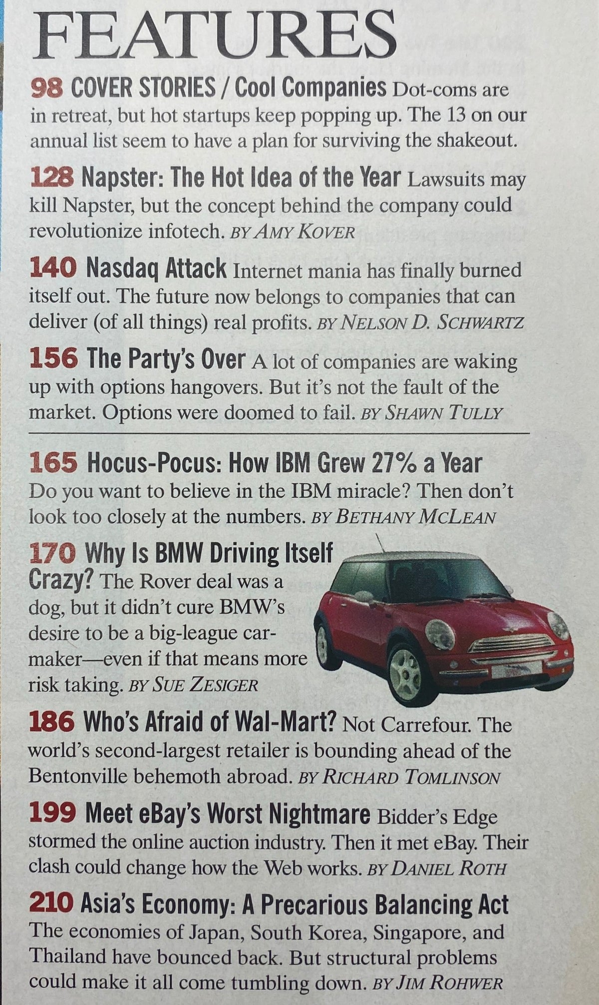 Inside features page of Fortune Magazine from June 26, 2000, showcasing various articles including 'Cool Companies' and insights on Napster's impact on the tech industry.